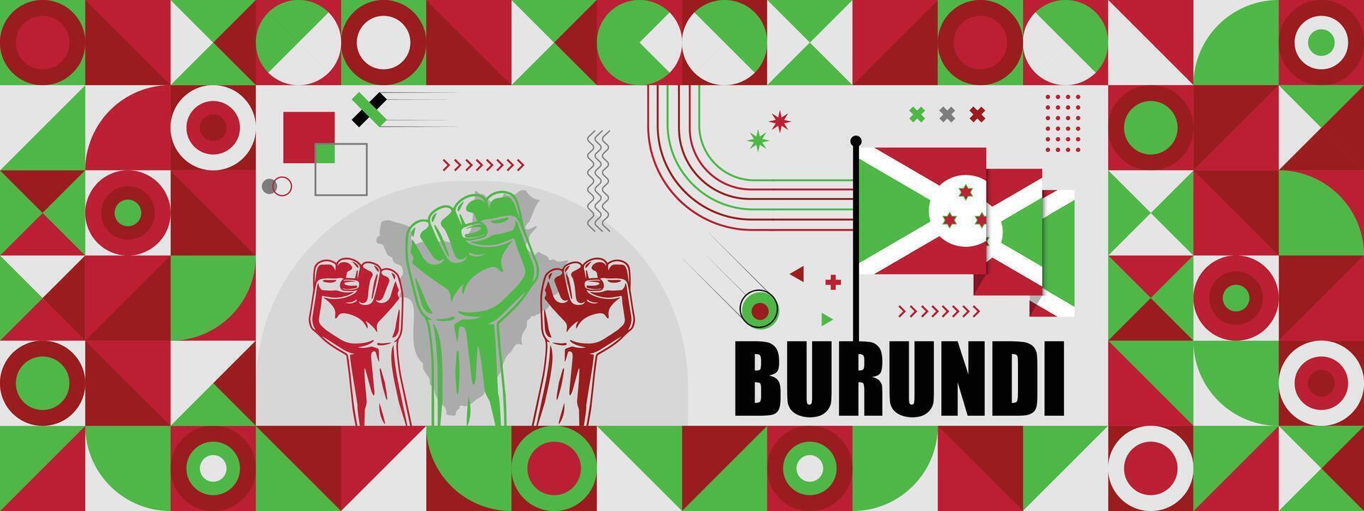 Burundi national or independence day banner for country celebration. Flag and map of Belgium with raised fists. Modern retro design with typorgaphy abstract geometric icons. vector