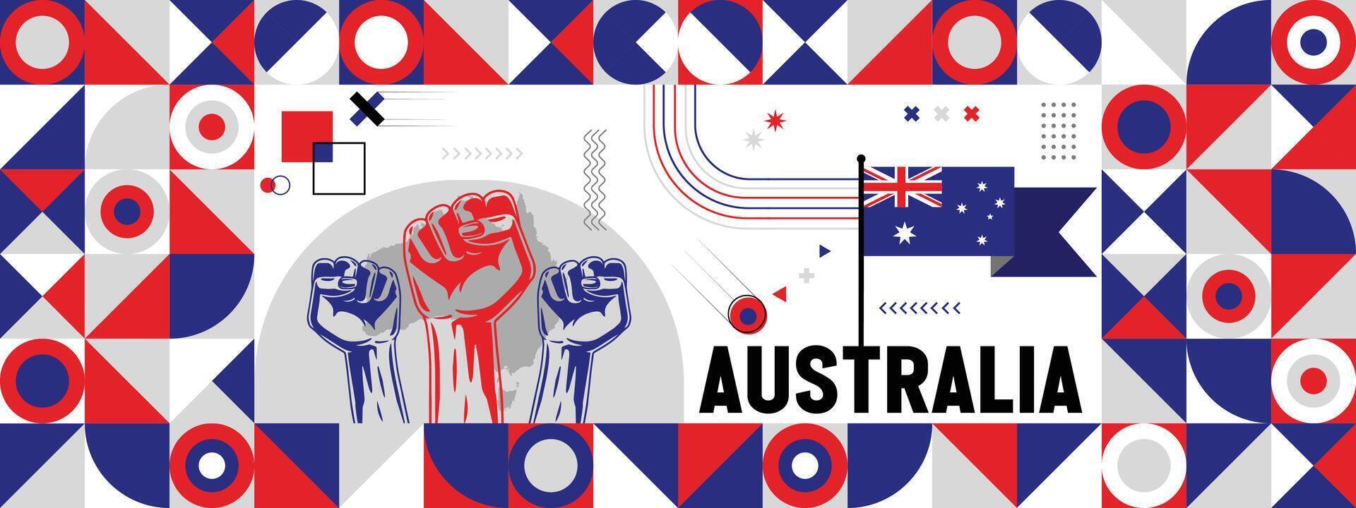 Flag and map of Australia with raised fists. National day or Independence day design for Counrty celebration. Modern retro design with abstract icons. vector