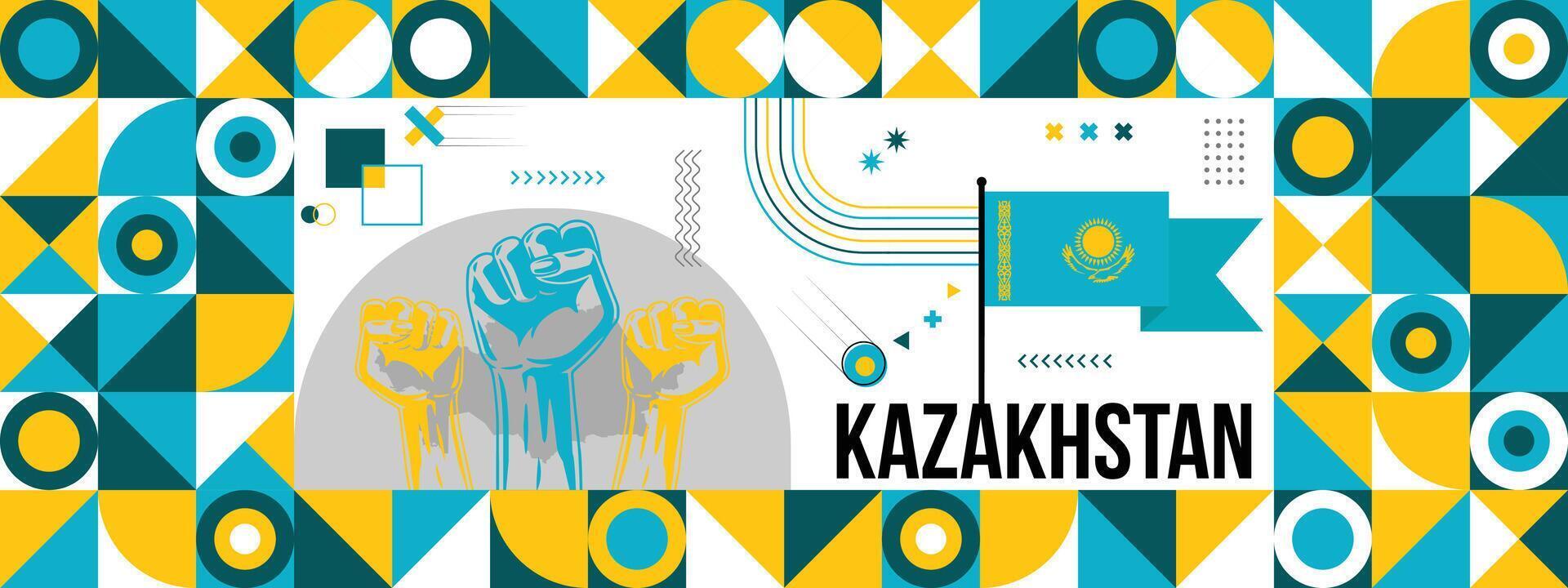 Flag and map of Kazakhstan with raised fists. National day or Independence day design for Counrty celebration. Modern retro design with abstract icons. vector