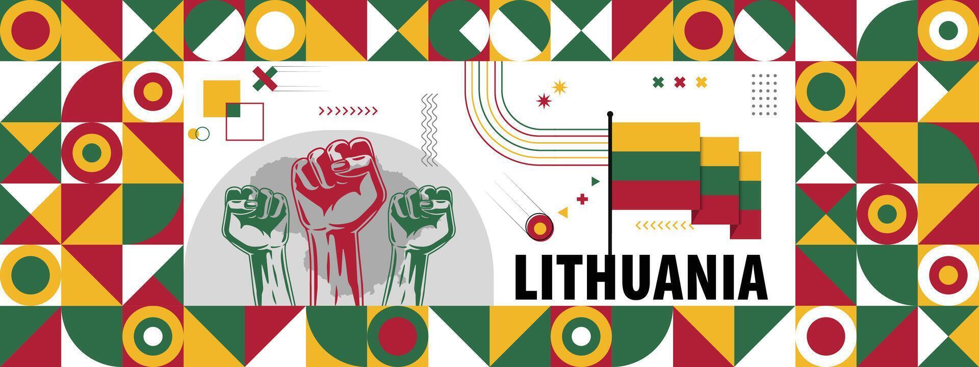 Flag and map of Lithuania with raised fists. National day or Independence day design for Counrty celebration. Modern retro design with abstract icons. vector