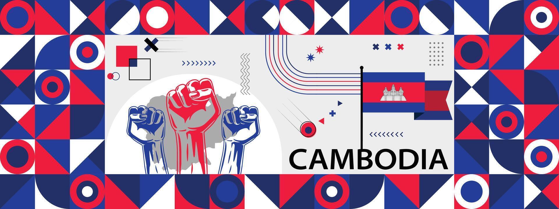 Flag and map of Cambodia with raised fists. National day or Independence day design for Counrty celebration. Modern retro design with abstract icons. vector