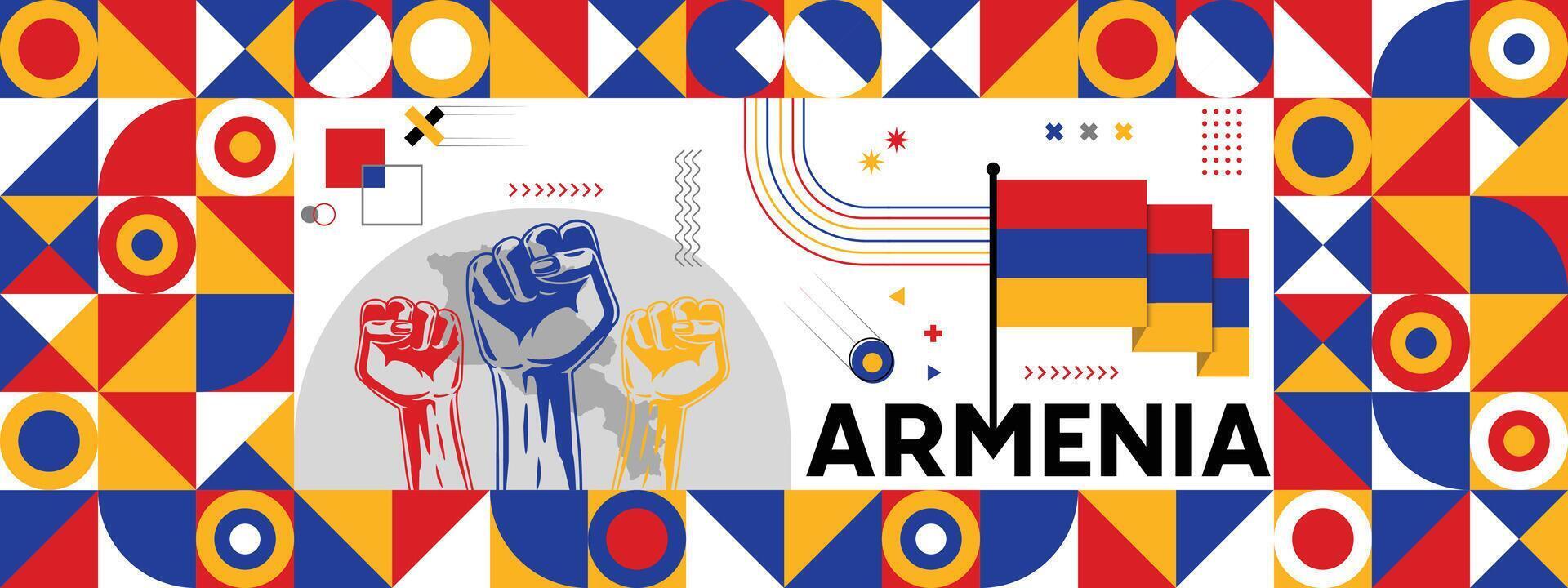 Armenia national or independence day banner for country celebration. Flag and map of Belgium with raised fists. Modern retro design with typorgaphy abstract geometric icons vector