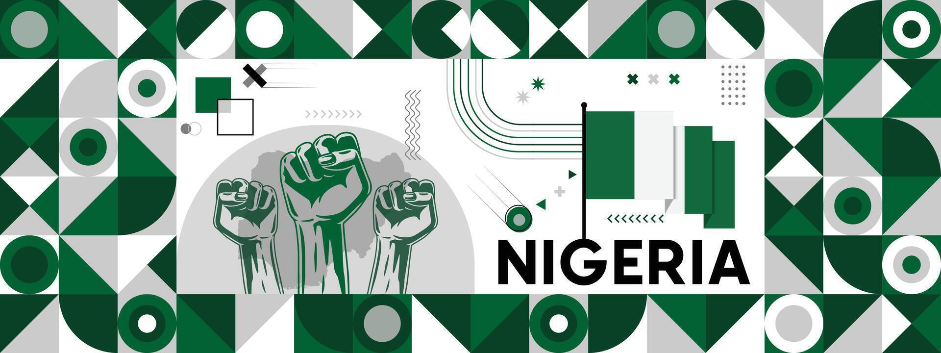 Flag and map of Nigeria with raised fists. National day or Independence day design for Counrty celebration. Modern retro design with abstract icons. vector