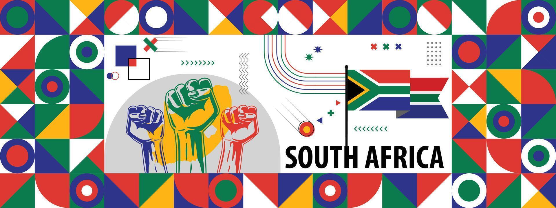 Flag and map of South Africa with raised fists. National day or Independence day design for Counrty celebration. Modern retro design with abstract icons. vector