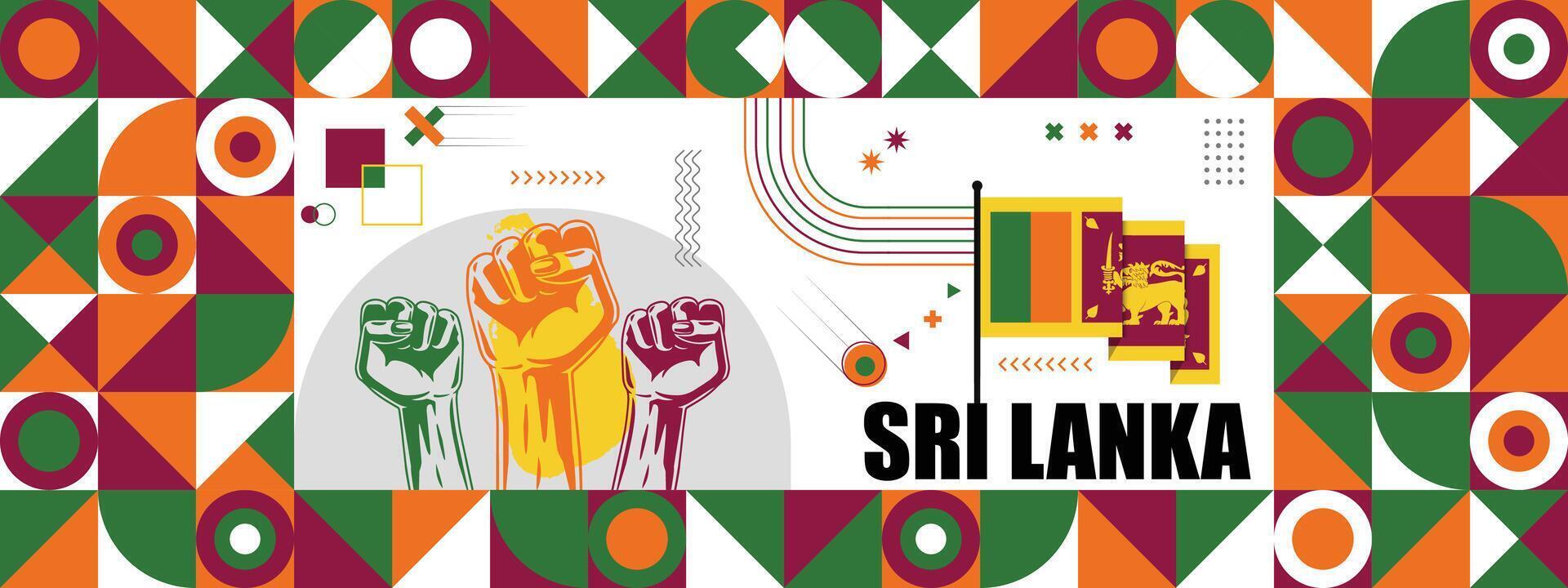 Flag and map of Sri Lanka with raised fists. National day or Independence day design for Counrty celebration. Modern retro design with abstract icons. vector