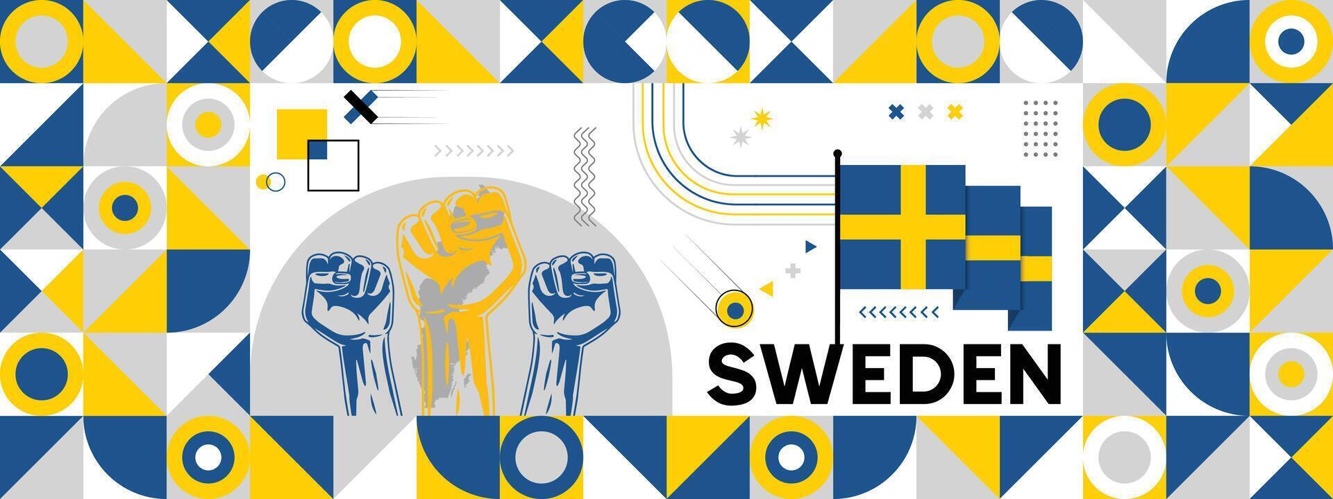 Flag and map of Sweden with raised fists. National day or Independence day design for Counrty celebration. Modern retro design with abstract icons. vector