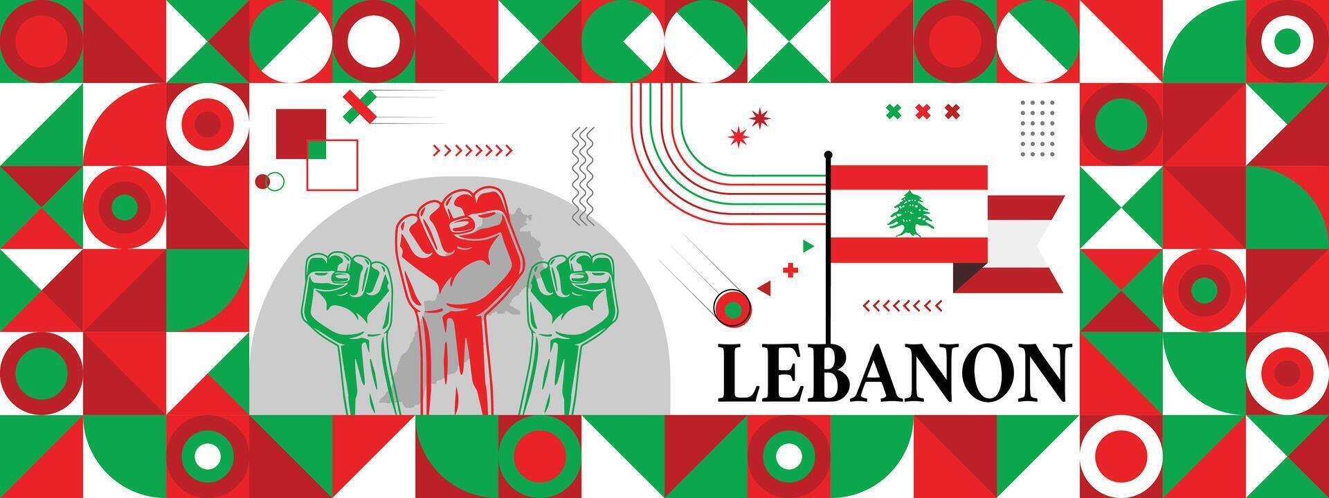 Flag and map of Lebanon with raised fists. National day or Independence day design for Counrty celebration. Modern retro design with abstract icons. vector