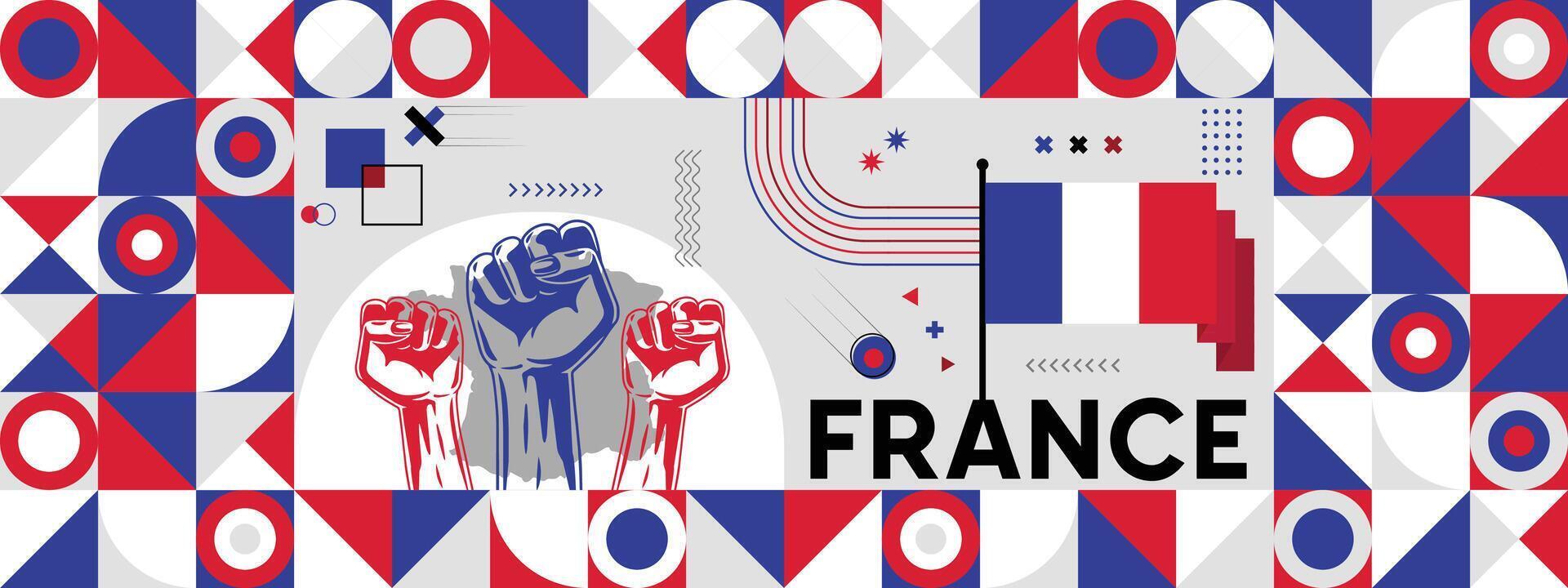 Flag and map of France with raised fists. National day or Independence day design for Counrty celebration. Modern retro design with abstract icons. illustration. vector