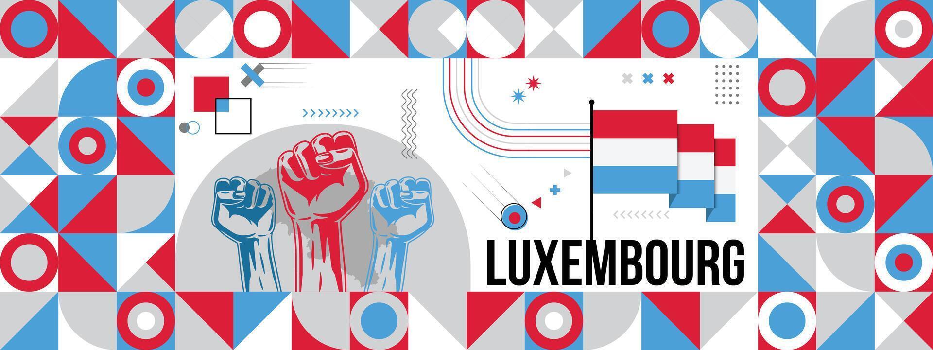 Flag and map of Luxembourg with raised fists. National day or Independence day design for Counrty celebration. Modern retro design with abstract icons. vector