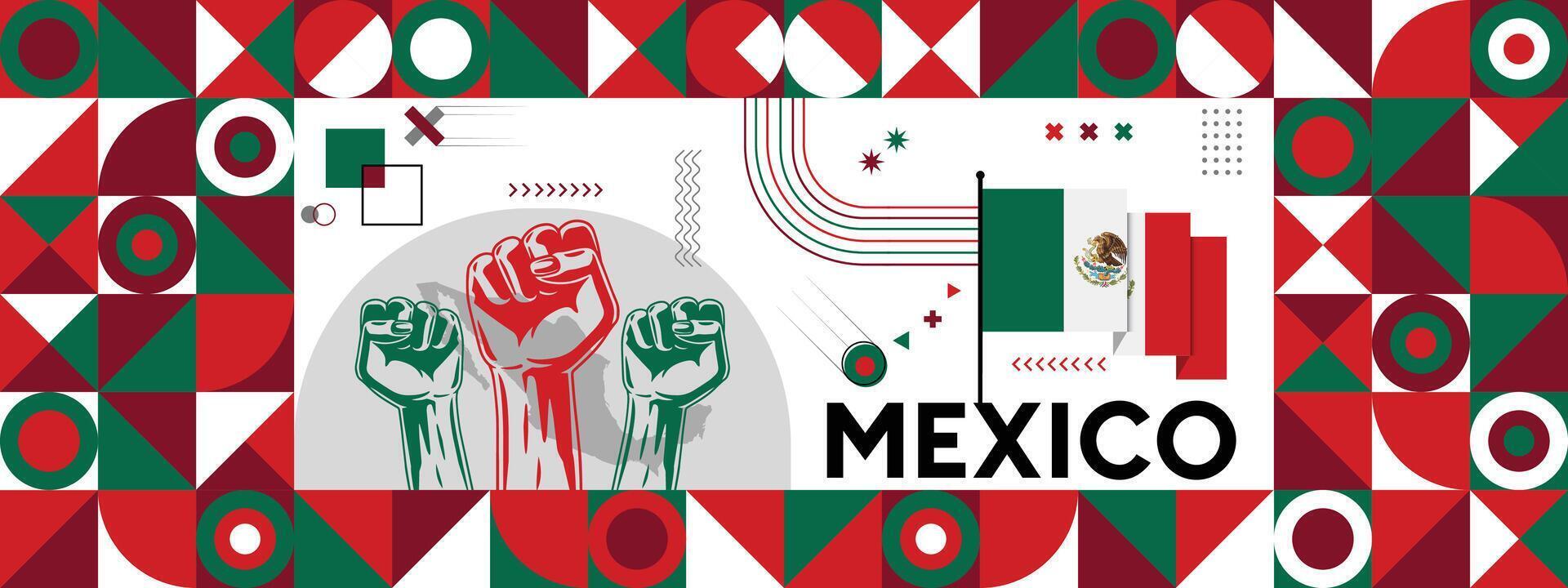 Flag and map of Mexico with raised fists. National day or Independence day design for Counrty celebration. Modern retro design with abstract icons. vector