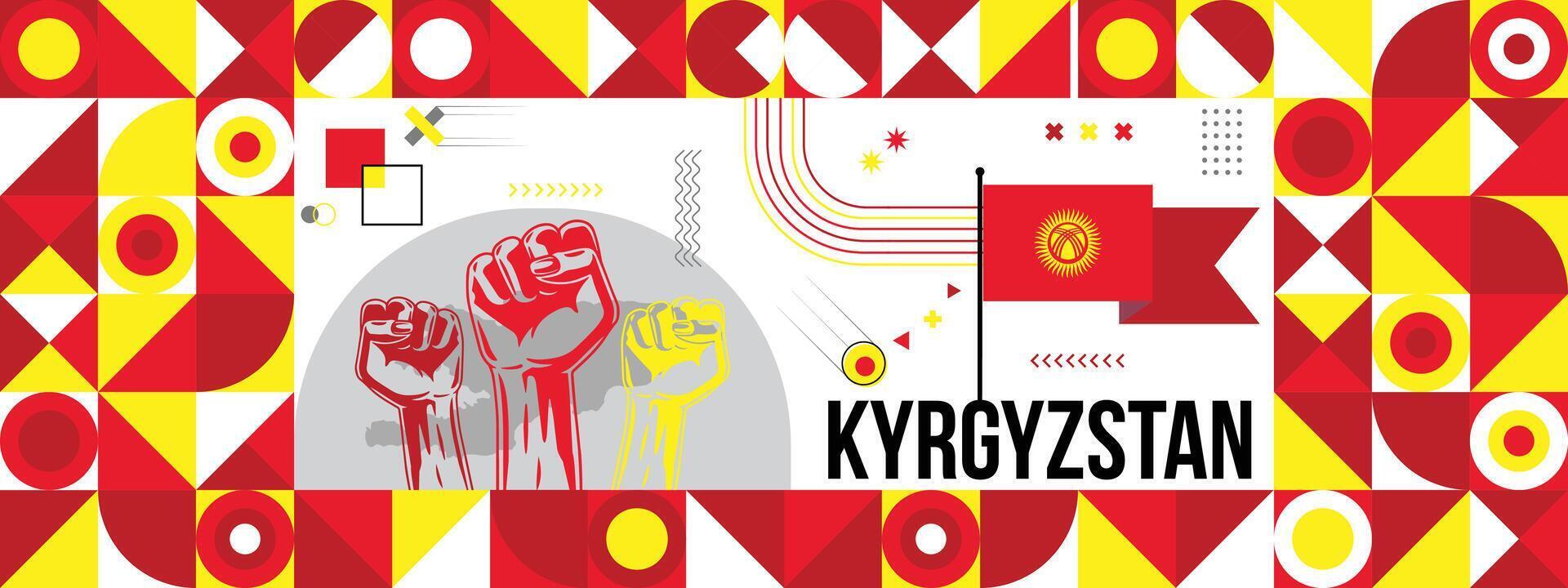 Flag and map of Kyrgyzstan with raised fists. National day or Independence day design for Counrty celebration. Modern retro design with abstract icons. vector