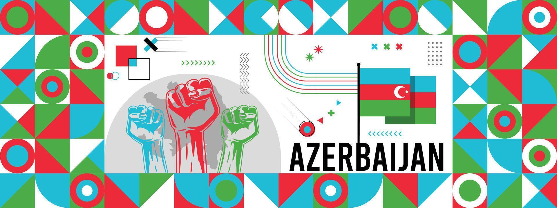 Flag and map of Azerbaijan with raised fists. National day or Independence day design for Counrty celebration. Modern retro design with abstract icons. vector