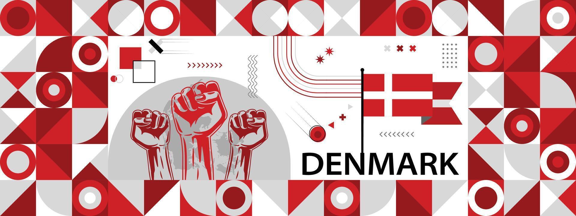 Flag and map of Denmark with raised fists. National day or Independence day design for Counrty celebration. Modern retro design with abstract icons. vector