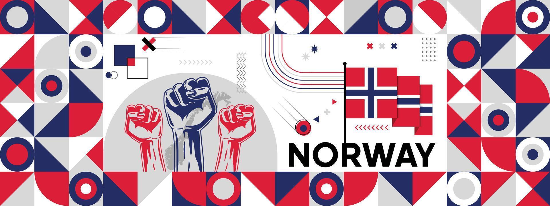 Flag and map of Norway with raised fists. National day or Independence day design for Counrty celebration. Modern retro design with abstract icons. vector