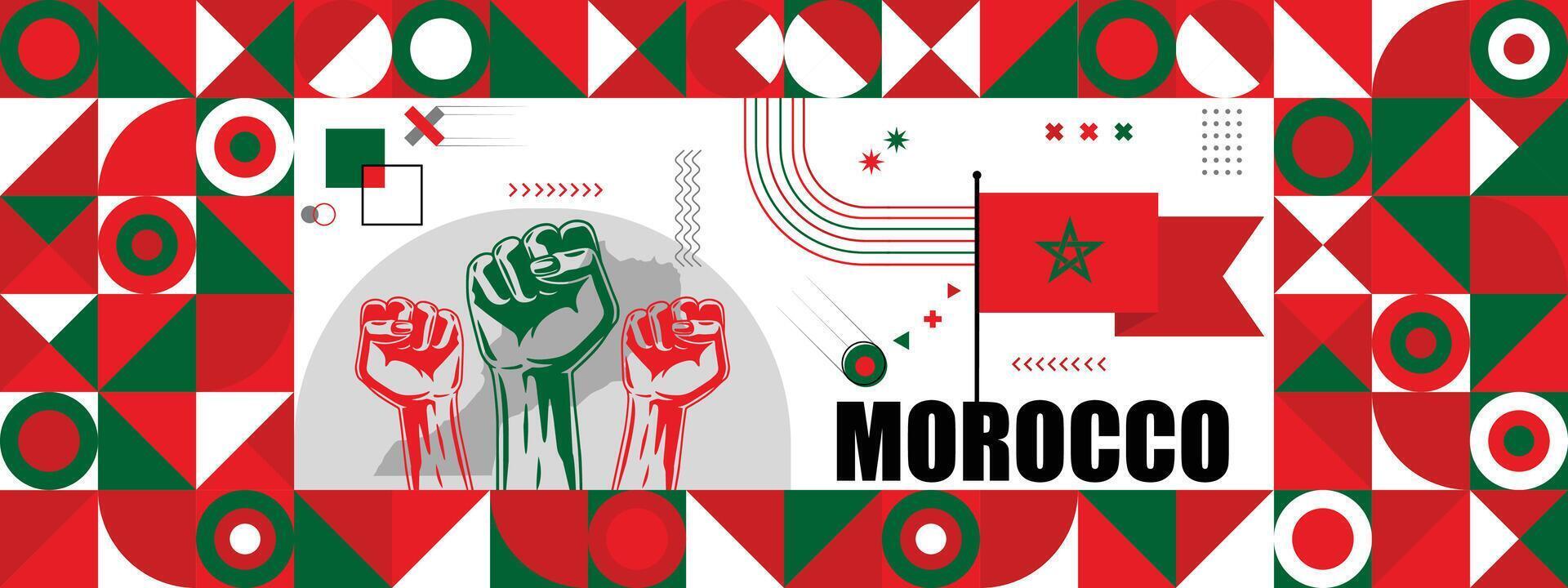 Flag and map of Morocco with raised fists. National day or Independence day design for Counrty celebration. Modern retro design with abstract icons. vector