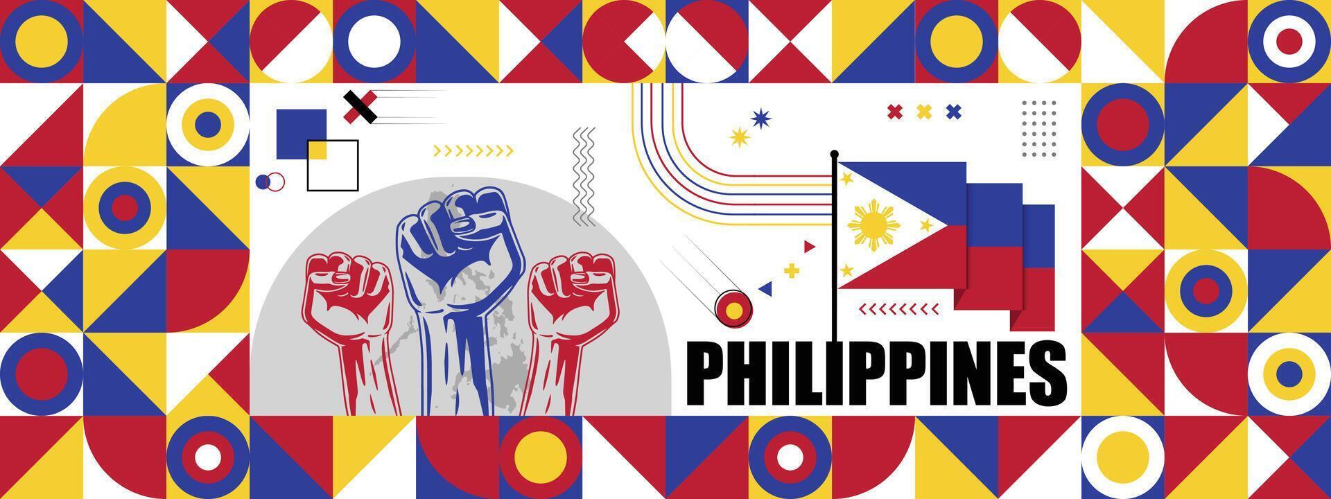 Flag and map of Philippines with raised fists. National day or Independence day design for Counrty celebration. Modern retro design with abstract icons. vector