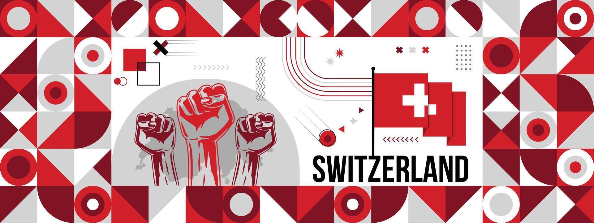 Flag and map of Switzerland with raised fists. National day or Independence day design for Counrty celebration. Modern retro design with abstract icons. vector