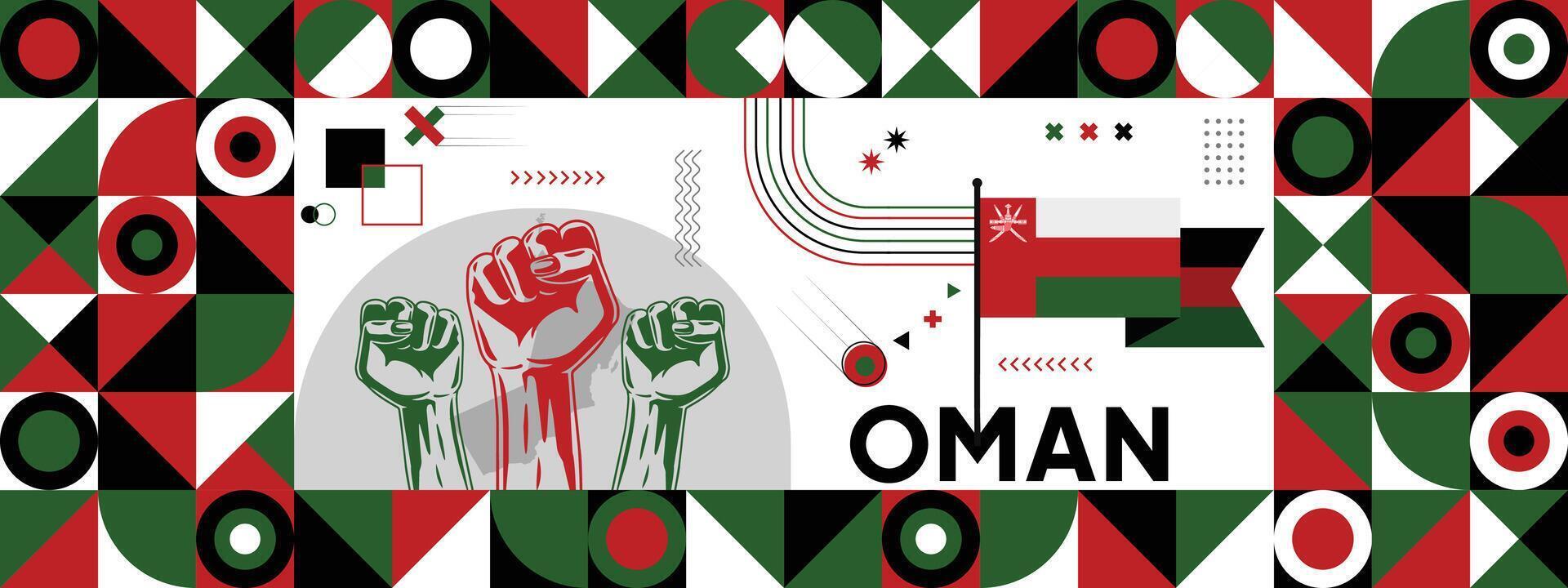 Flag and map of Oman with raised fists. National day or Independence day design for Counrty celebration. Modern retro design with abstract icons. vector