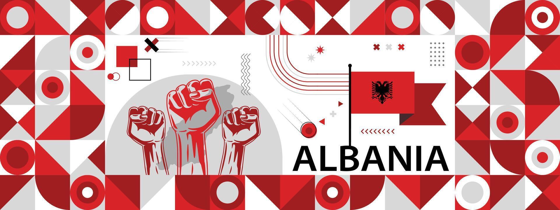 bandera y mapa de Albania con elevado puños nacional día o independencia día diseño para país celebracion. moderno retro diseño con resumen iconos vector