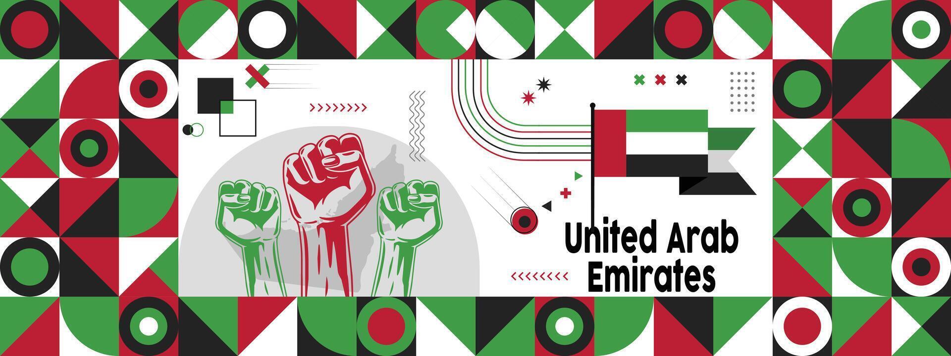 Flag and map of United Arab Emirates with raised fists. National day or Independence day design for Counrty celebration. Modern retro design with abstract icons. vector