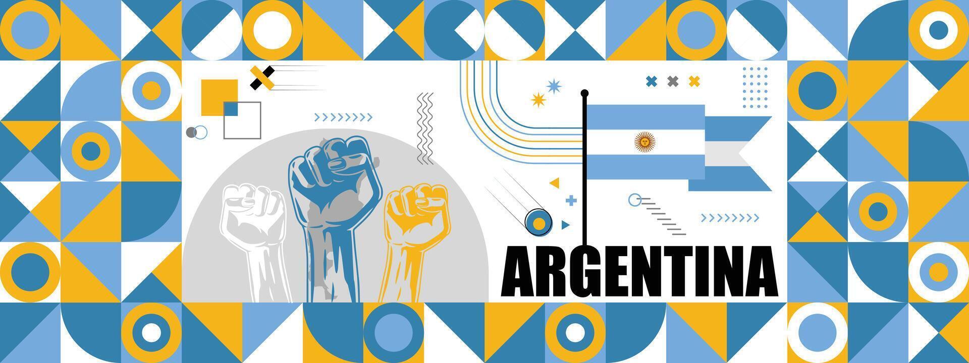 Argentina national or independence day banner for country celebration. Flag and map of Belgium with raised fists. Modern retro design with typorgaphy abstract geometric icons vector