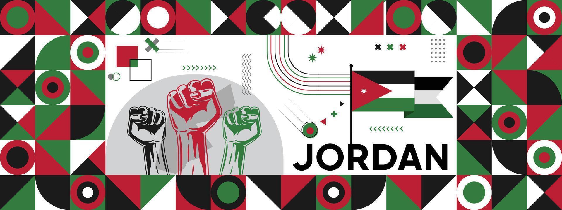 Flag and map of Jordan with raised fists. National day or Independence day design for Counrty celebration. Modern retro design with abstract icons. vector
