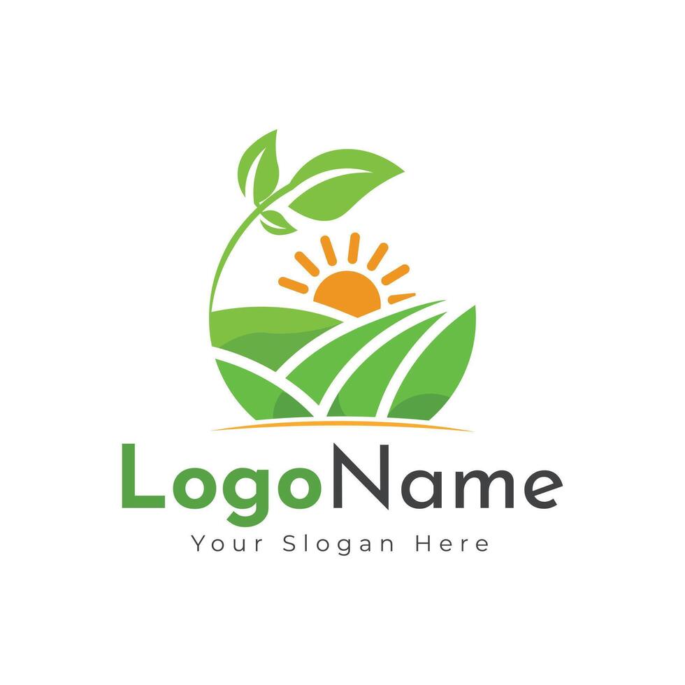 Green agro logo with fields and leaves. Logo design, farm logo design vector