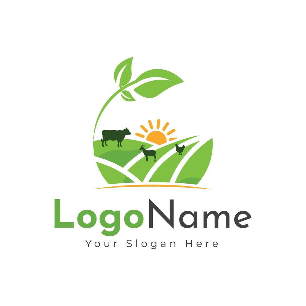 Green agro logo with fields and leaves. Logo design, farm logo design vector