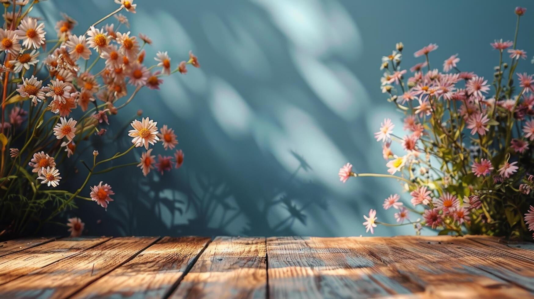 Wooden Table Covered With Abundant Flowers photo