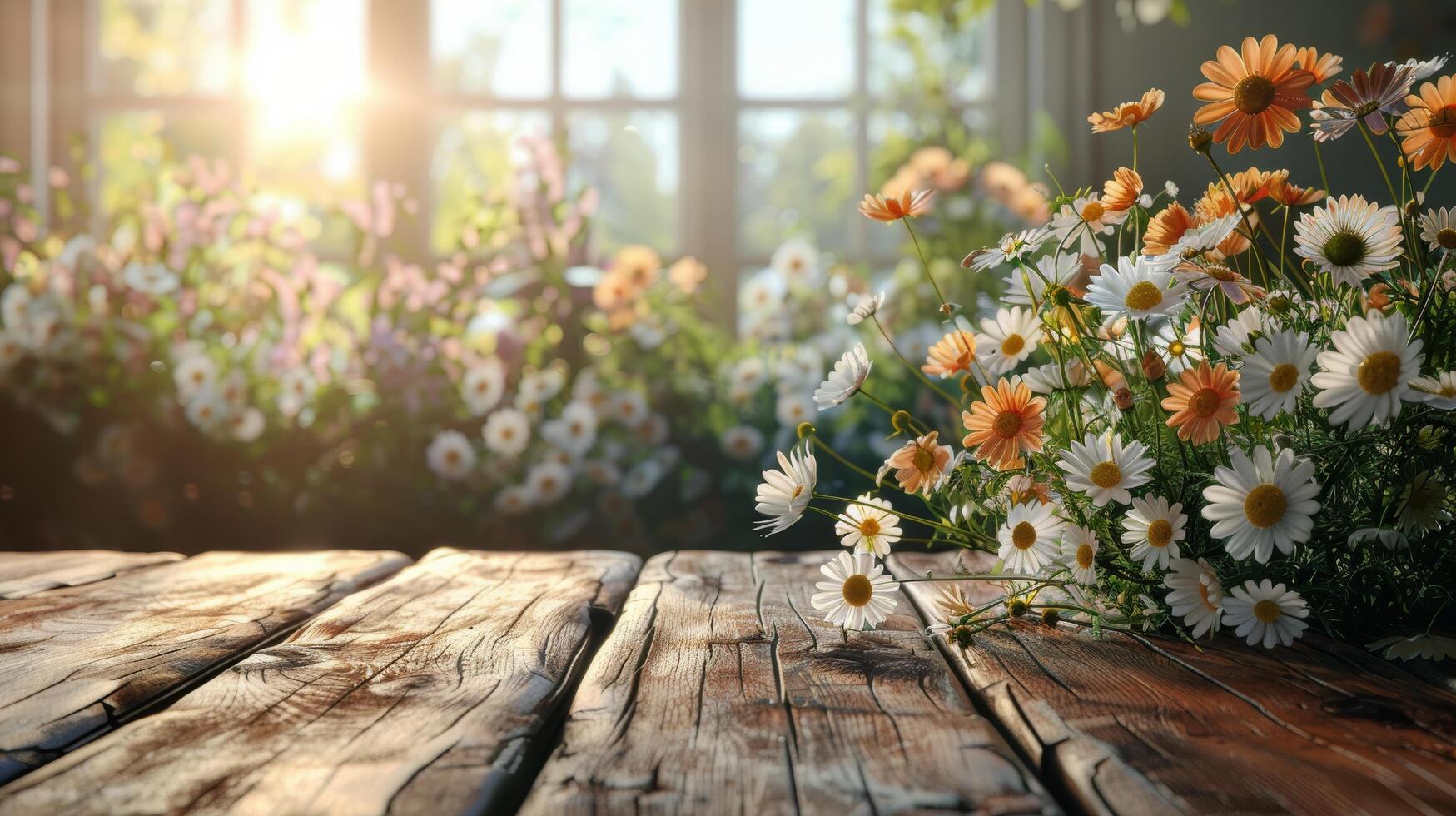 de madera mesa cubierto con varios flores foto