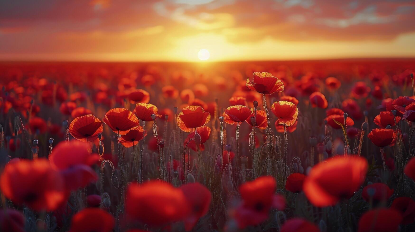 Field of Red Flowers With Sun in Background photo