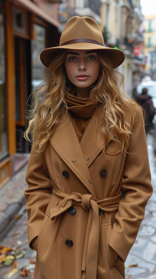 Woman Standing on City Street With Hands in Pockets photo