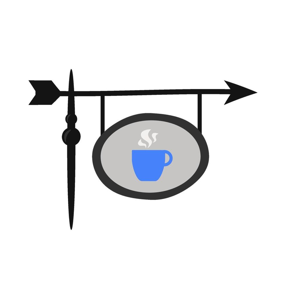 Flat cartoon street sign of a coffee shop or cafe with the symbol of a hot cup of tea or coffee vector