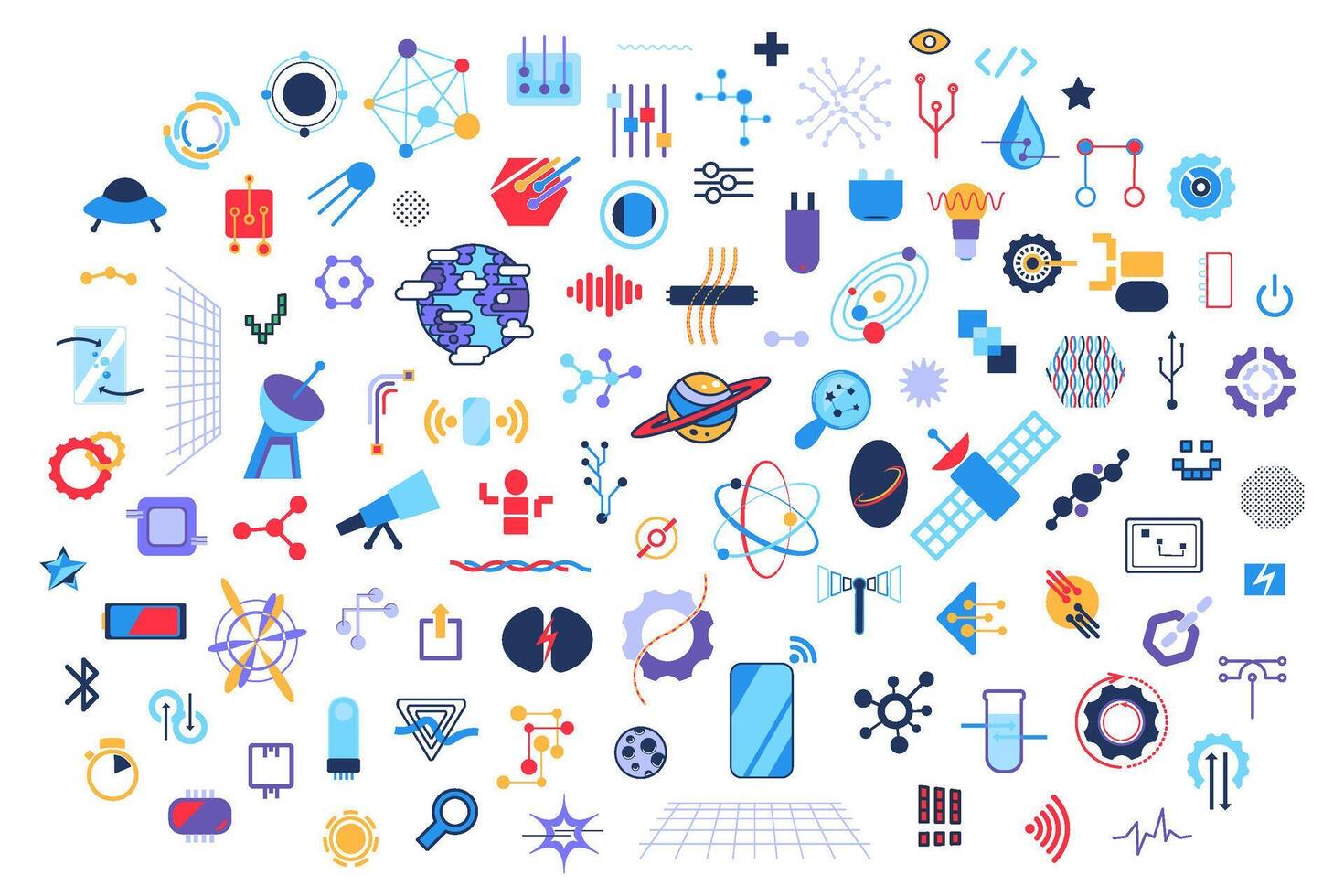 Collection of abstract techno elements, hand drawn big data devices. Modern high tech tools for studying, research and communication. Cartoon flat icons isolated on white background vector