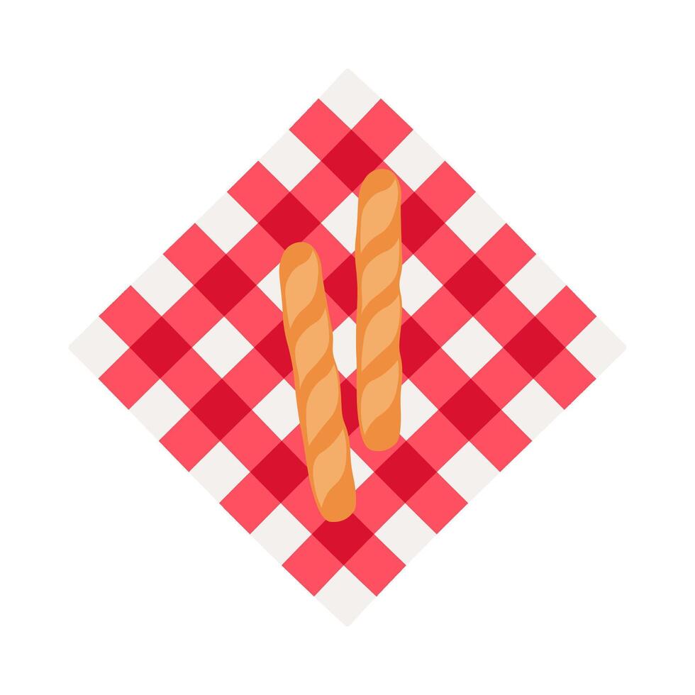 Flat cartoon red tartan tablecloth with French baguette icon vector