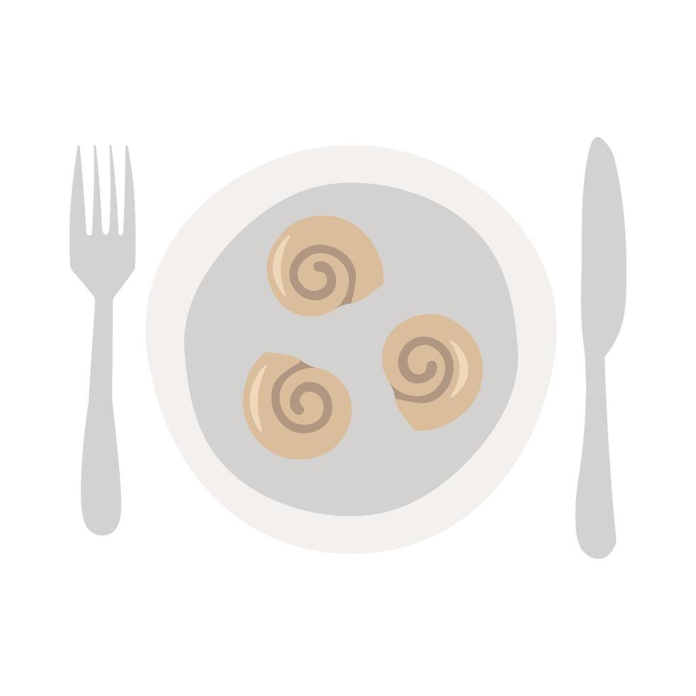 Flat cartoon restaurant plate with French snails icon vector