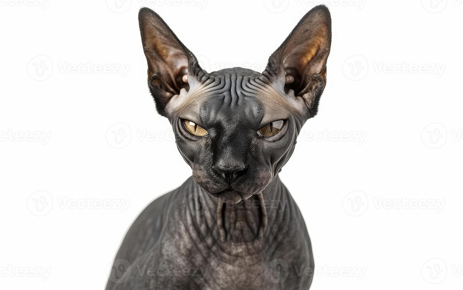 Close-up portrait of a Sphynx cat with large ears, green eyes, and wrinkled skin against a white background. photo