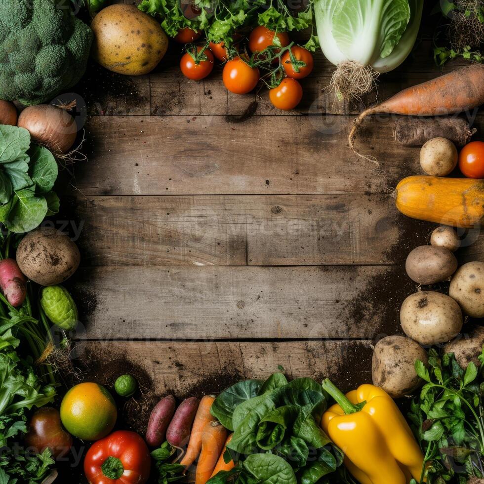 surtido de Fresco vegetales y frutas en rústico de madera antecedentes desde arriba. foto