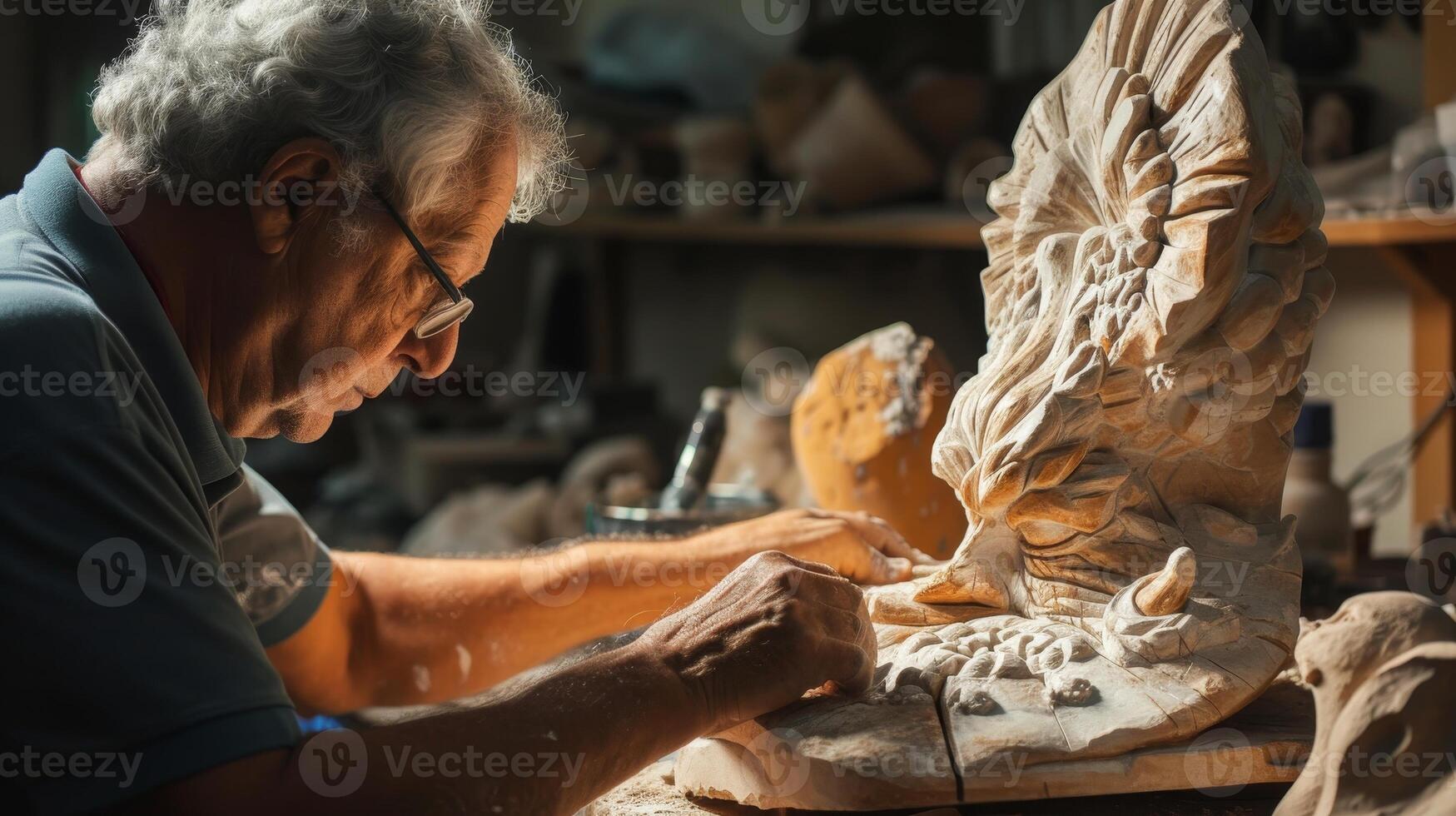 Skilled artisan intently carving details into a wooden sculpture in a well-lit workshop. photo