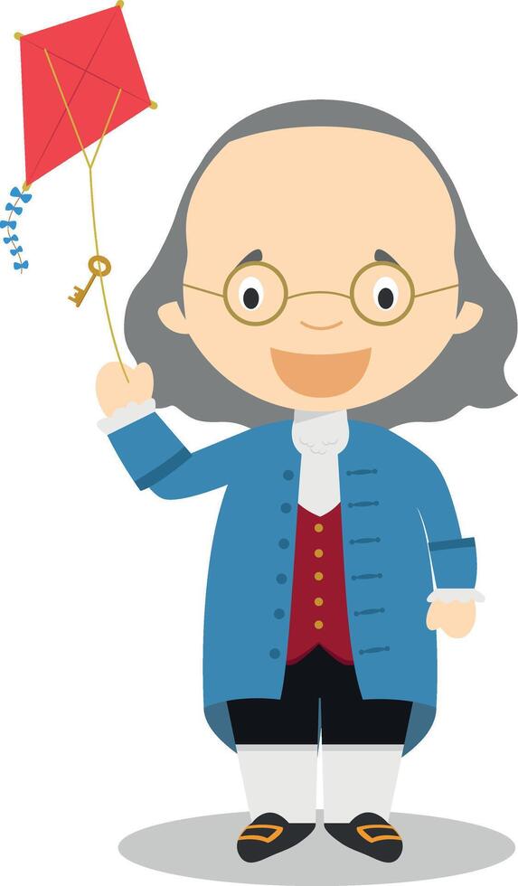 Benjamin Franklin cartoon character. Illustration. Kids History Collection. vector