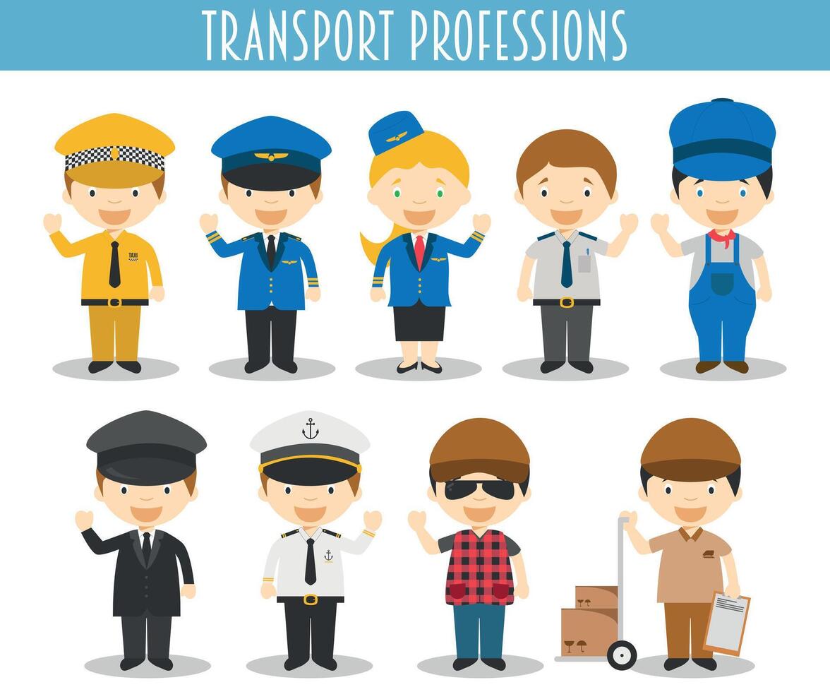 conjunto de transporte profesiones en dibujos animados estilo vector