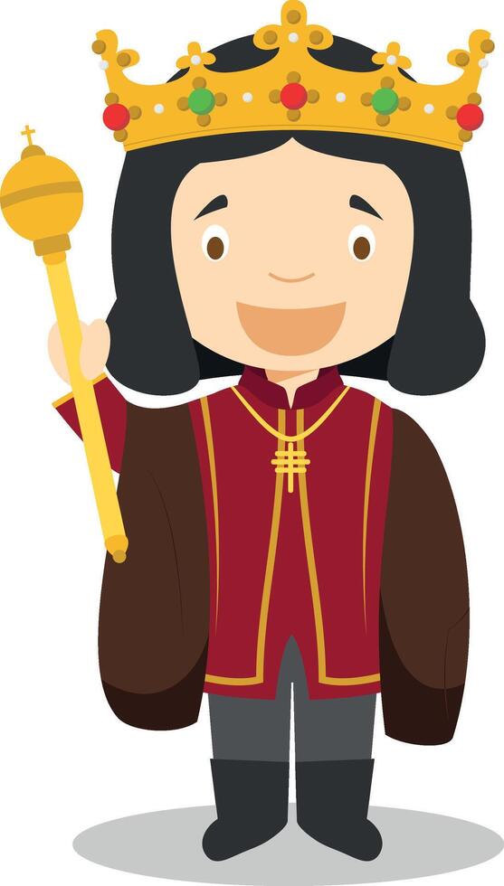 Ferdinand II of Aragon, called The Catholic, cartoon character. Illustration. Kids History Collection. vector