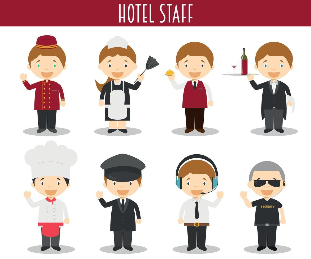 conjunto de hotel personal profesiones en dibujos animados estilo vector