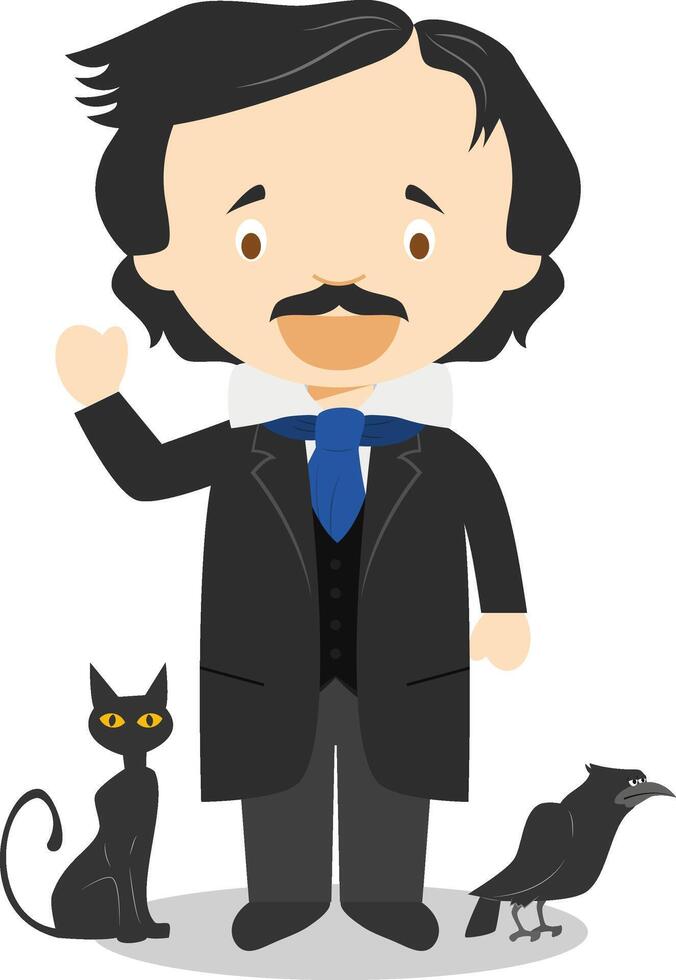 Edgar Allan Poe cartoon character. Illustration. Kids History Collection. vector