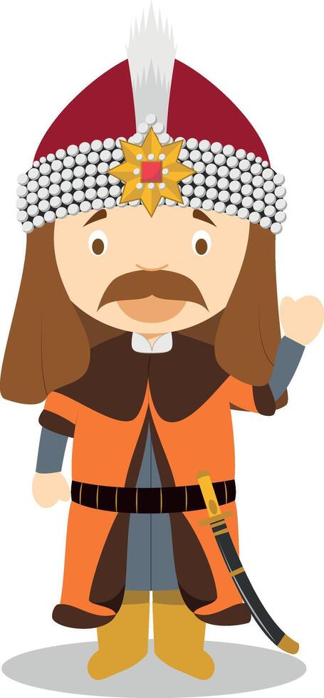 Vlad VIII the Impaler, called Vlad Dracula, cartoon character. Illustration. Kids History Collection. vector