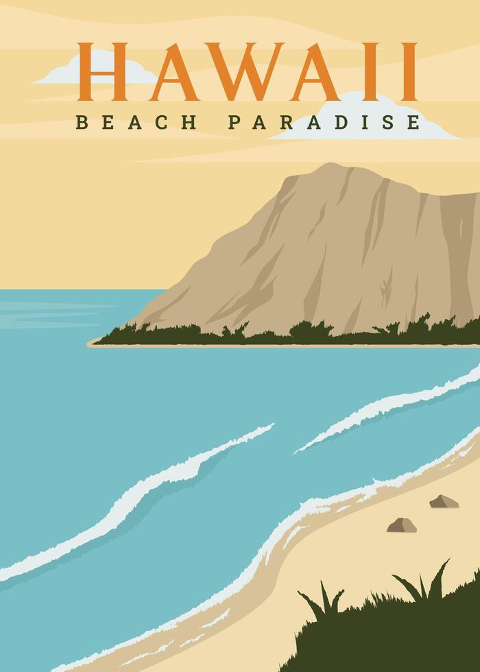 hawaii beach poster vintage illustration design. seascape in america vintage poster design vector