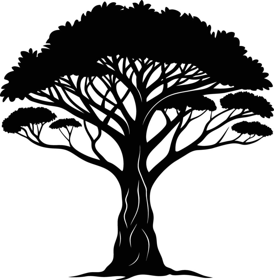 A black silhouette of a African tree vector