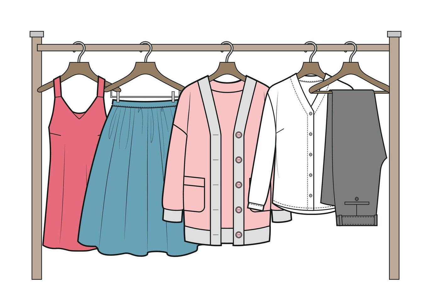 Womans casual dress on a hangers, everyday looks vector