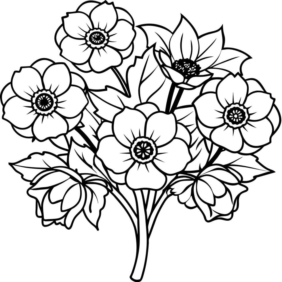 Anemone Flower Bouquet outline illustration coloring book page design, Anemone Flower Bouquet black and white line art drawing coloring book pages for children and adults vector