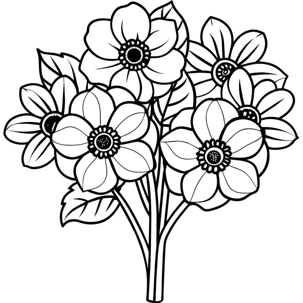 anémona flor ramo de flores contorno ilustración colorante libro página diseño, anémona flor ramo de flores negro y blanco línea Arte dibujo colorante libro paginas para niños y adultos vector